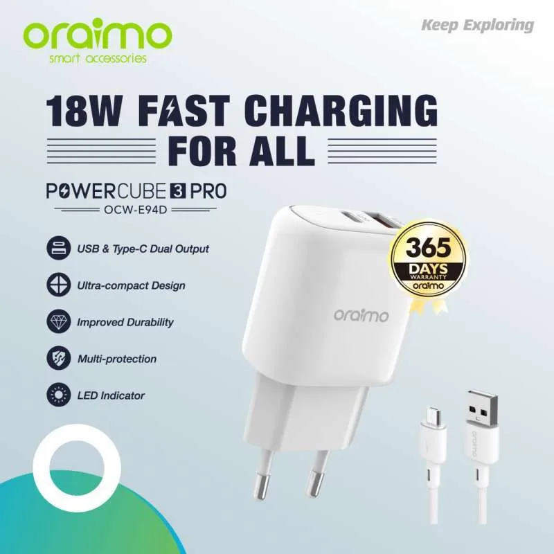 آداپتور شارژر اورایمو 18 واتی با کابل میکرو Oraimo OCW-E94D - Image 3